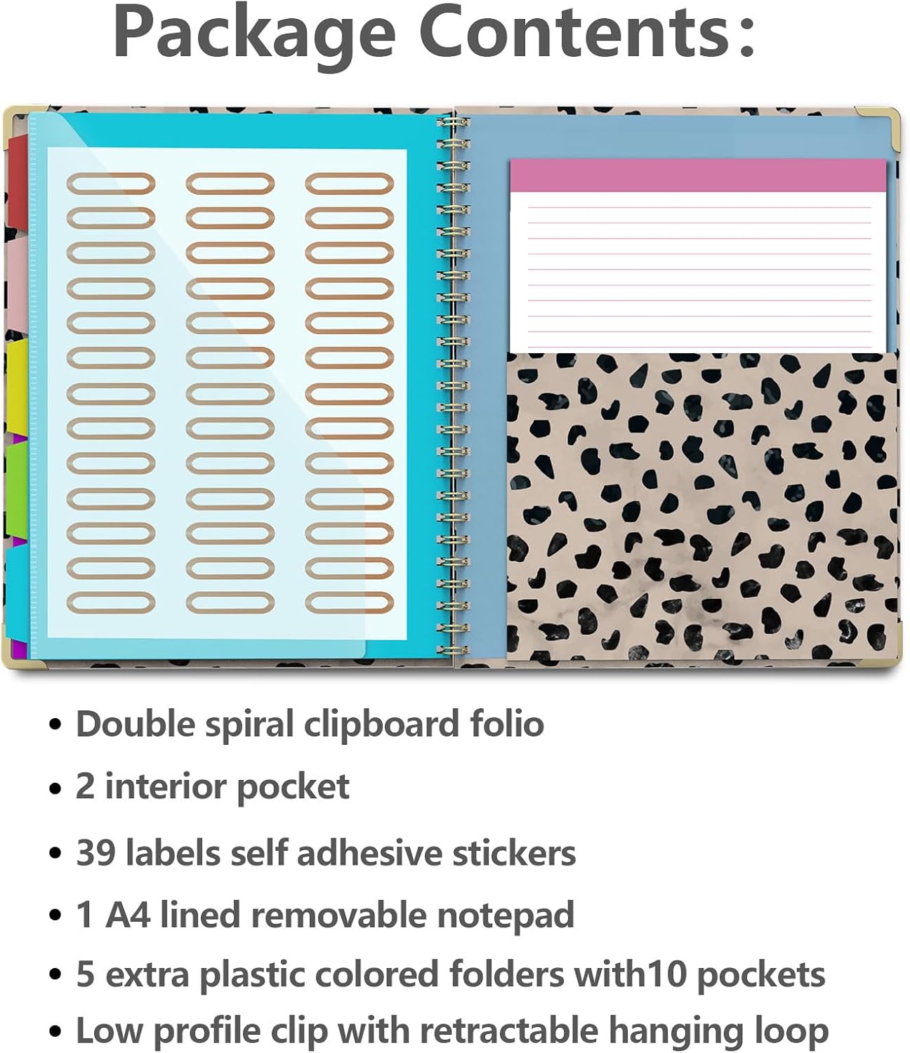 Clipboard Folio with Notepad for Letter Size (11" x 8.5"), 5 Extra Folders with Storage 10 Pockets, 39 File Folder Labels, Elastic Closure Spiral Clipboard with Storage(Cheetah Spots)