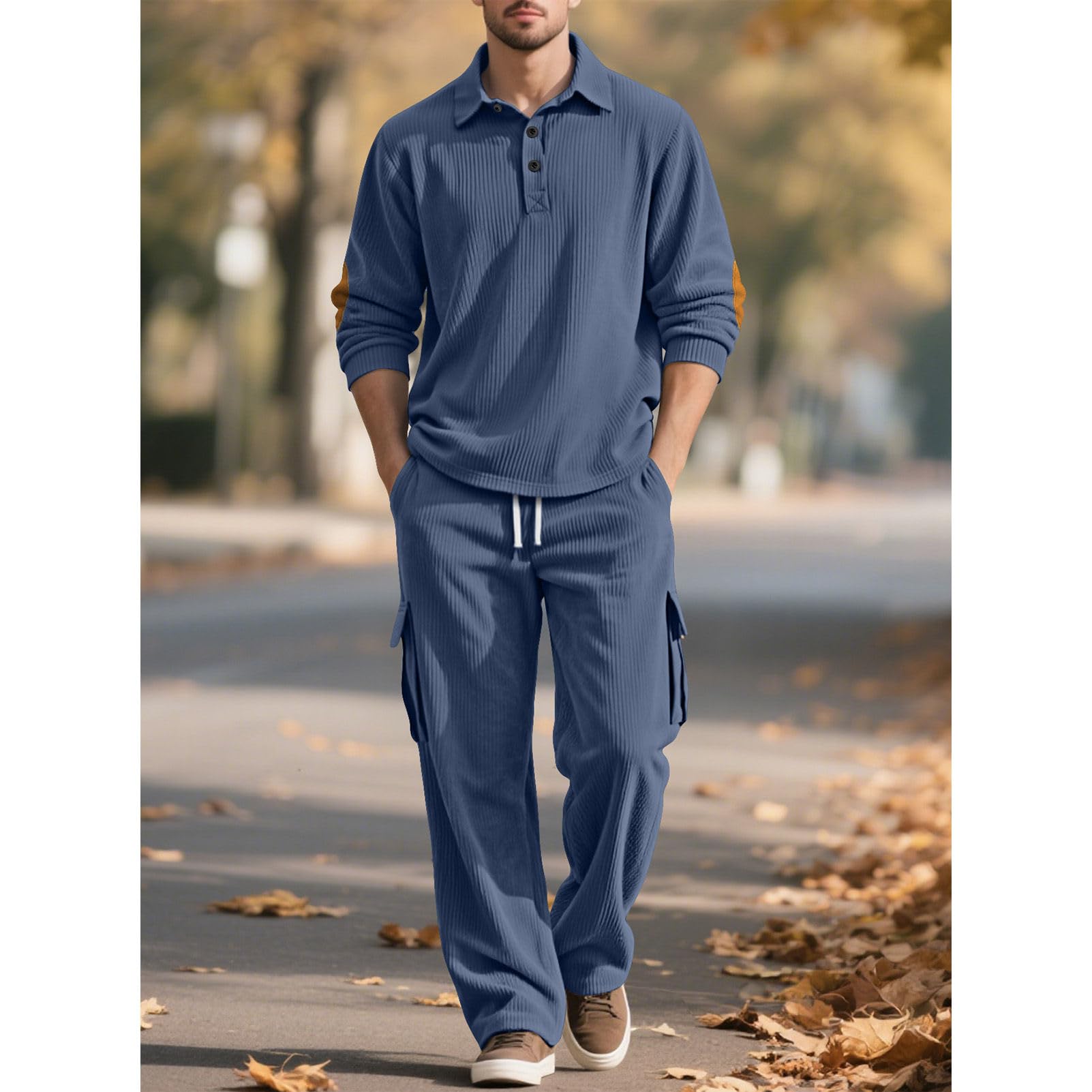 Uomo Tute da Ginnastica Maniche Lunghe Polo Camicie & Cargo Pantaloni Set di 2 pezzi Casual Sport Outfits