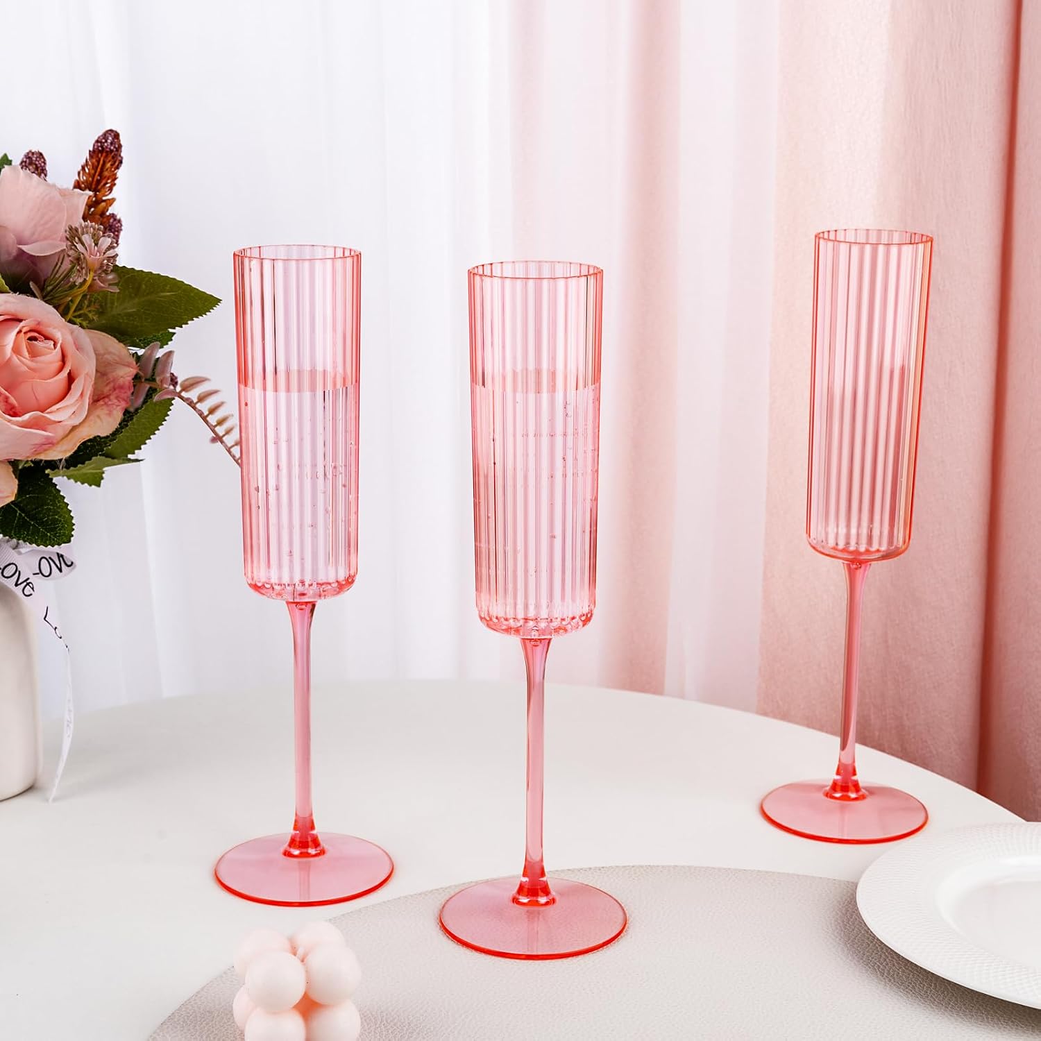 Ciaell 24 Pack Pink Plastic Champagne Flutes - 12 Pack Clear Plastic Wine Goblets