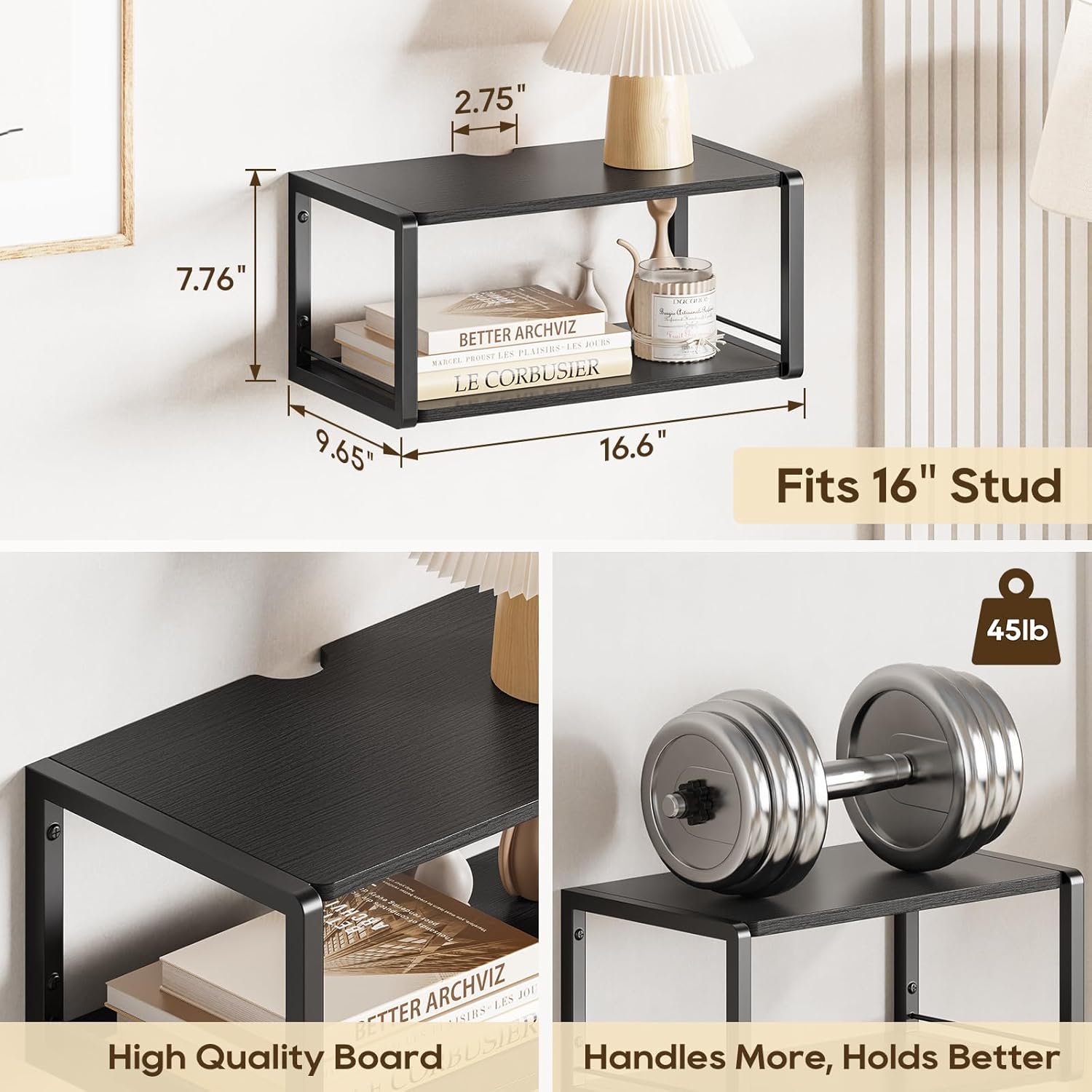 Floating Nightstand Set of 2, Wood Bedside Shelf Wall Mounted Nightstand with Heavy-Duty Frame, Floating Bedside Table for Bedroom, Living Room, Bathroom, Kitchen, (Vintage Black, 2 Pack)