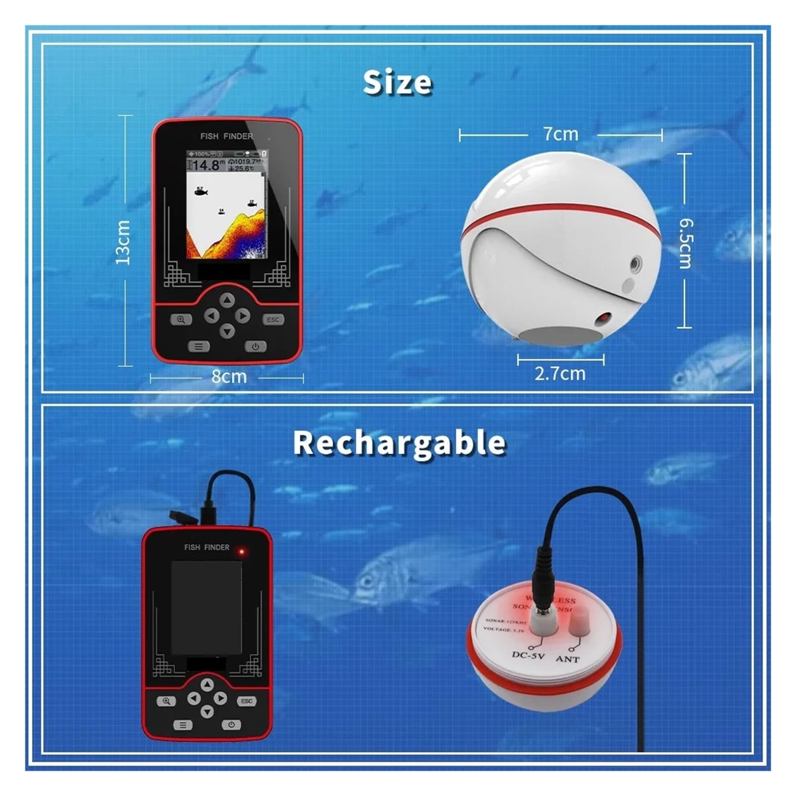 Ecoscandaglio, Ecoscandaglio portatile for la pesca, ricaricabile, profondità 197 piedi