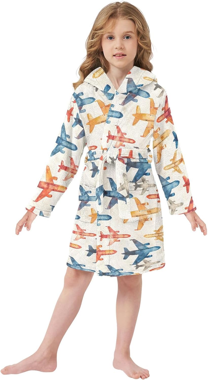 Colorful Airplane Prints Toddler Hooded Bathrobe for Boys Girls Soft Plush Bath Towel Robe 2-12 Years