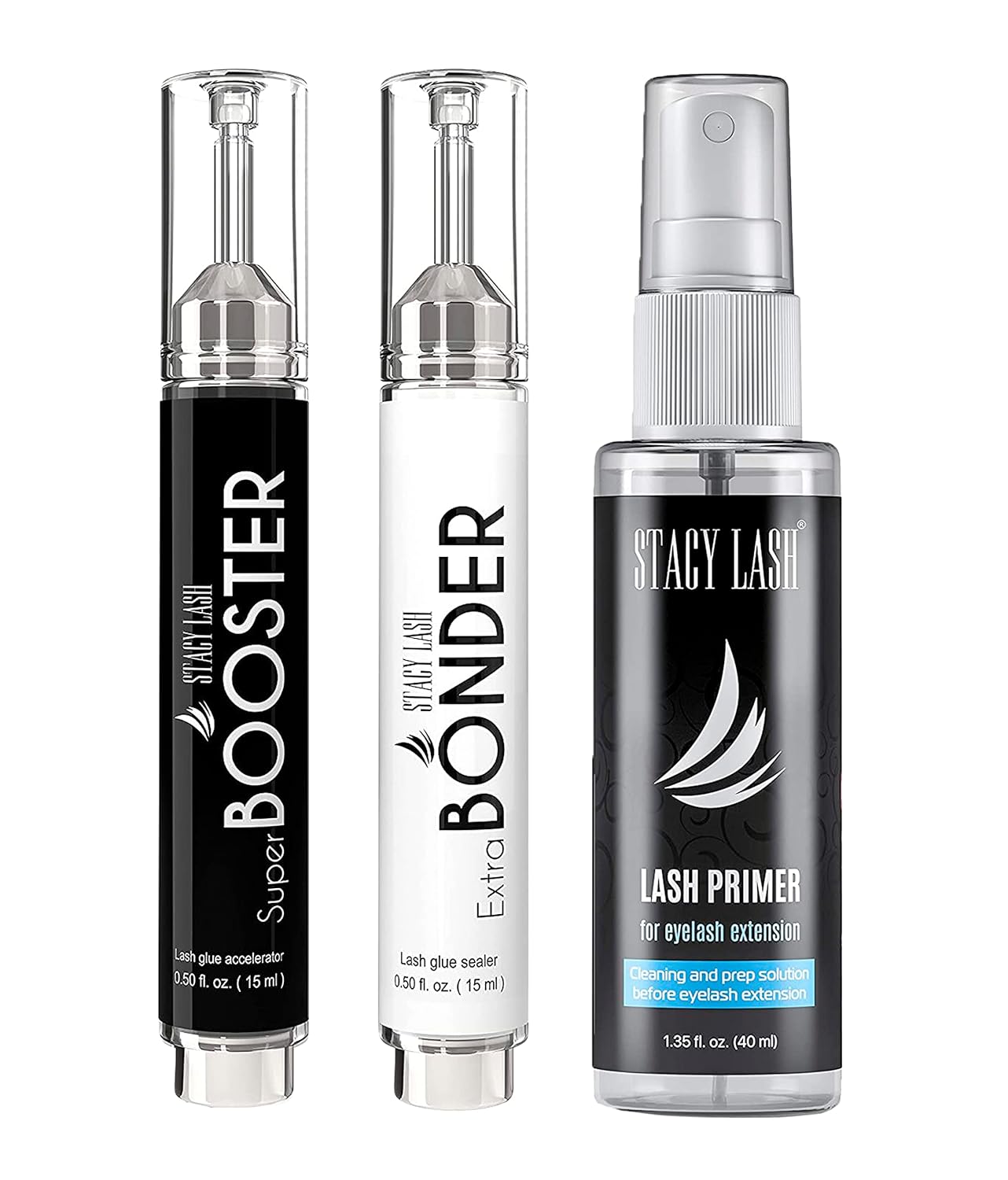Super Booster for Eyelash Extensions 15ml & Extra Bonder 15ml & Primer/Cleanser 40ml - Stacy Lash/Adhesive Accelerator/Glue Activator/Sealer/Protein Oil Remover/Professional Supplies