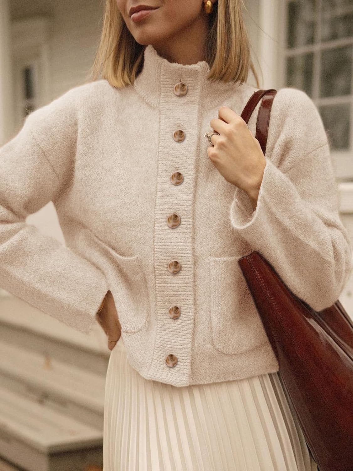 Cicy Bell Womens Chunky Knit Cardigan Sweaters Button Down Mock Neck Open Front Jacket Winter Casual Outerwear with Pockets - Image 2