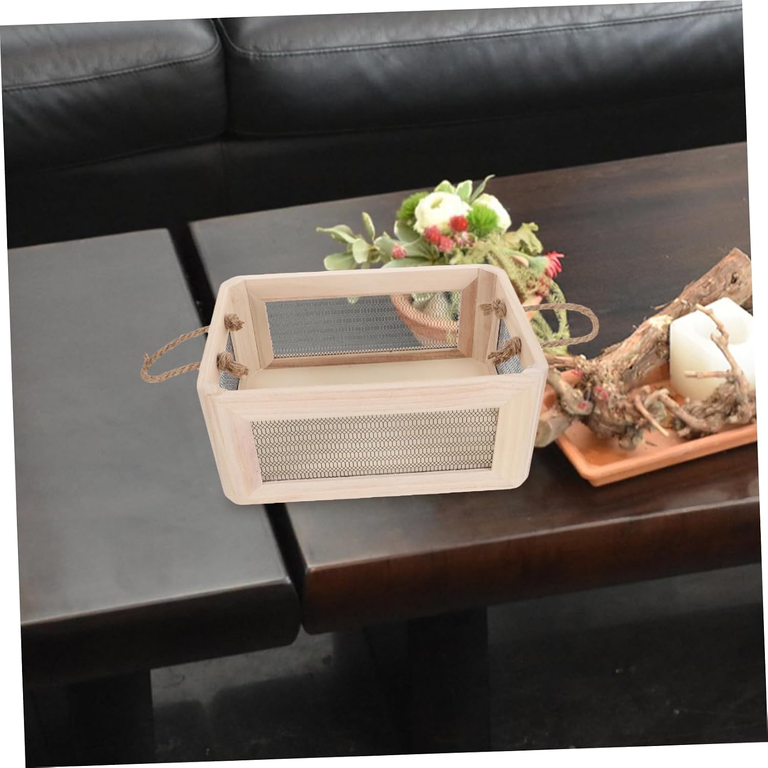 Rustic Wooden Organizer Box Hollow Wire Mesh Design Versatile Storage Crate for Home Decor Office and Toy Organization Small Natural Wood