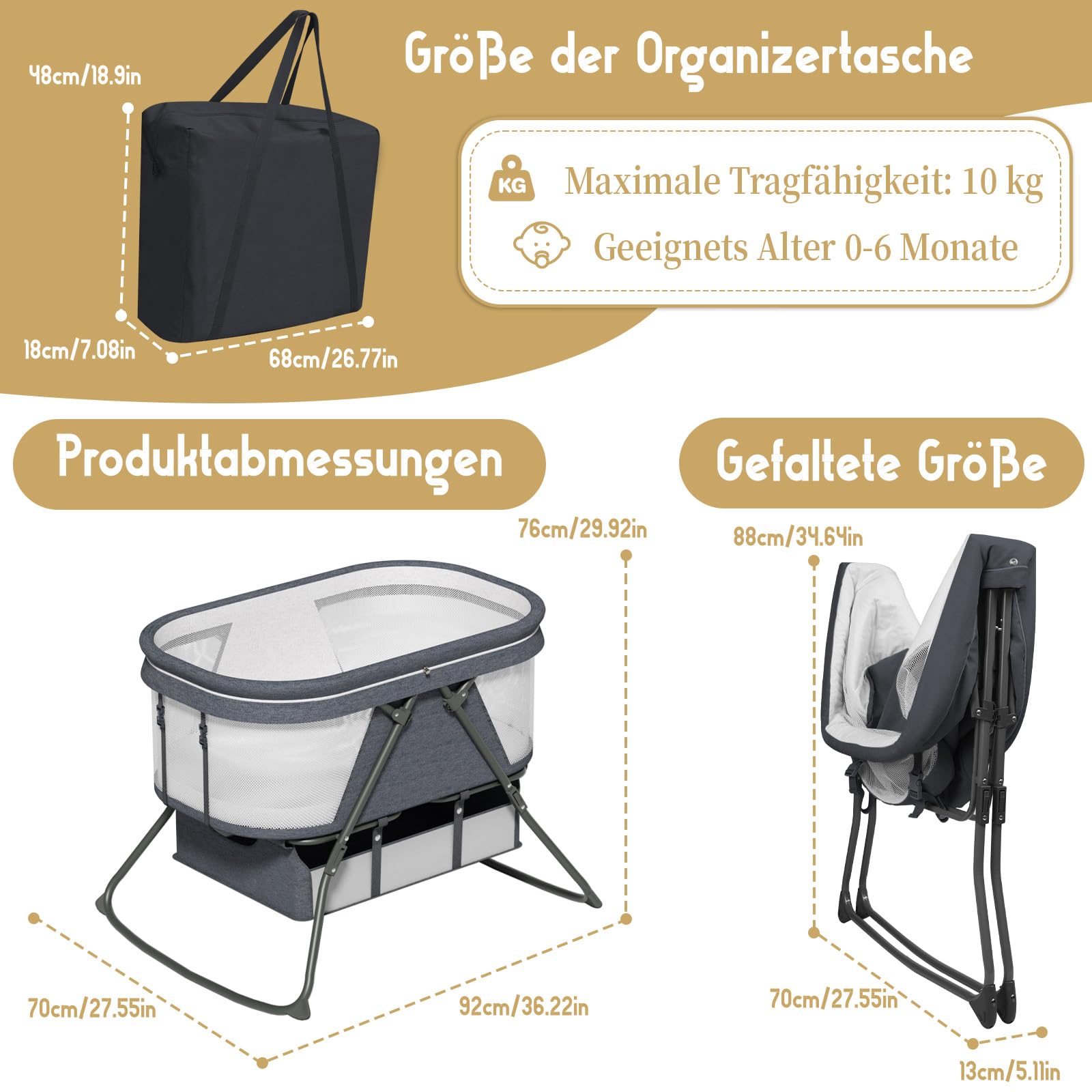 XJD Baby Beistellbett, 2 in 1 Babybett klappbar, Stubenwagen mit Aufbewahrungskorb, Reisebett mit weich Matratze, Transporttasche, Moskitonetz, Babywiege für 0-6 Monate, von Geburt bis 10 kg, Grau