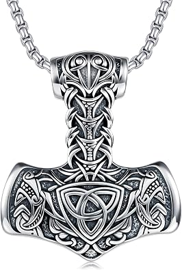 925 Sterling Silver Pendant Thors Hammer, Stainless Steel Chain, Vintage Nordic Viking Thors Hammer Pendant Necklace, Mens Amulet Jewelry Gift
