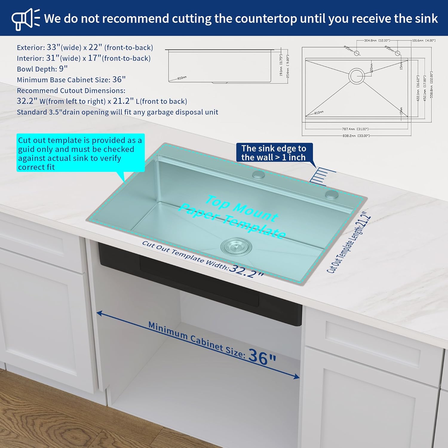 33 x 22 inch Drop In Kitchen Sink, HausinLuck SUS304 Stainless Steel Drop In Workstation Ledge Sinks Topmount Sink 18 Gauge, Handmade Over Counter Large Single Bowl Sink with Accessories (Pack of 5)