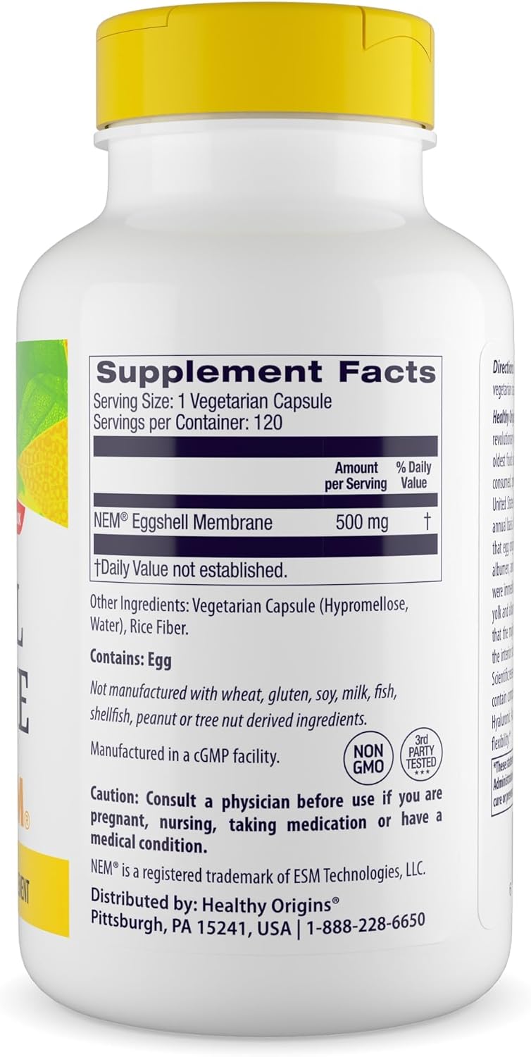 Healthy Origins Eggshell Membrane 500 mg (NEM, Non-GMO, Gluten Free, Joint Support), 120 Veggie Caps