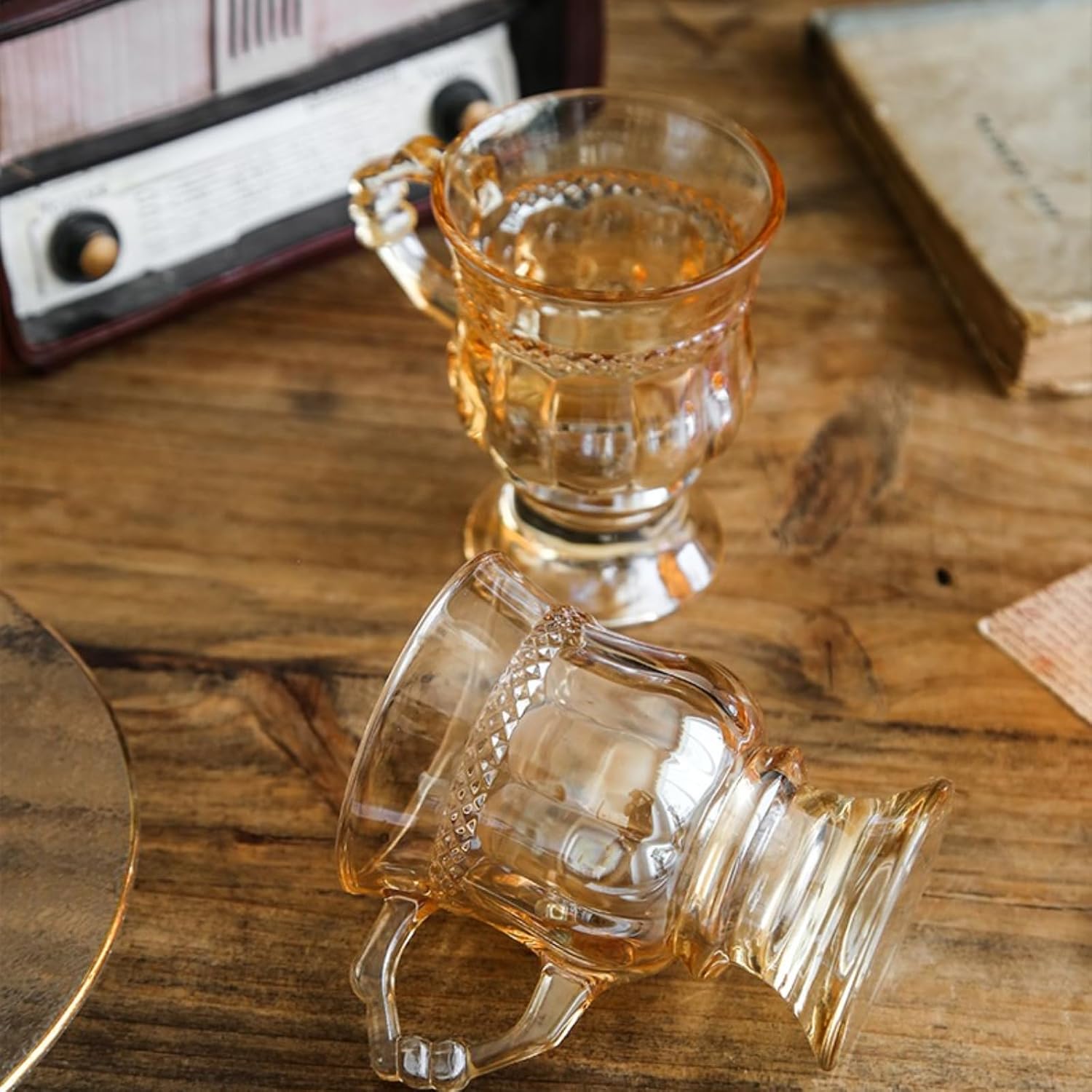 Irish Coffee Mugs, Glass Footed Espresso Cups with Handles, Clear Goblet Mugs Glasses for Coffee, Latte, Cappuccino, Smoothie, Hot&Cold, 4.2 Oz, Set of 2 (Amber)