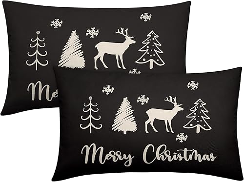 Juego de 2 fundas de almohada lumbar de Navidad negras de 12 x 20 pulgadas, diseño de copos de nieve, árbol de ciervo, copos de nieve, para