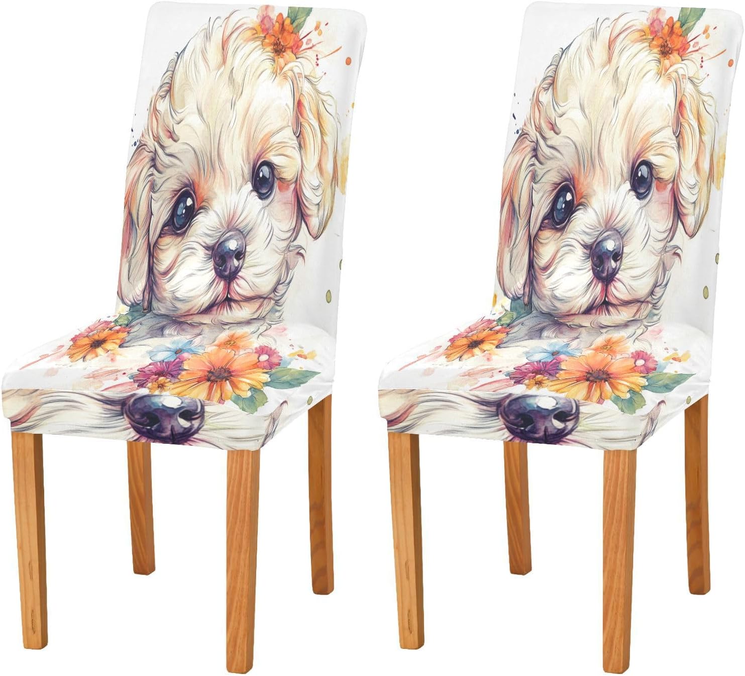 ALAZA Chair Covers for Dining Room, Watercolor Puppy and Flower Stretch Chair Cover Sets Chair Protector Removable Washable for Ktichen Restaurant Hotel