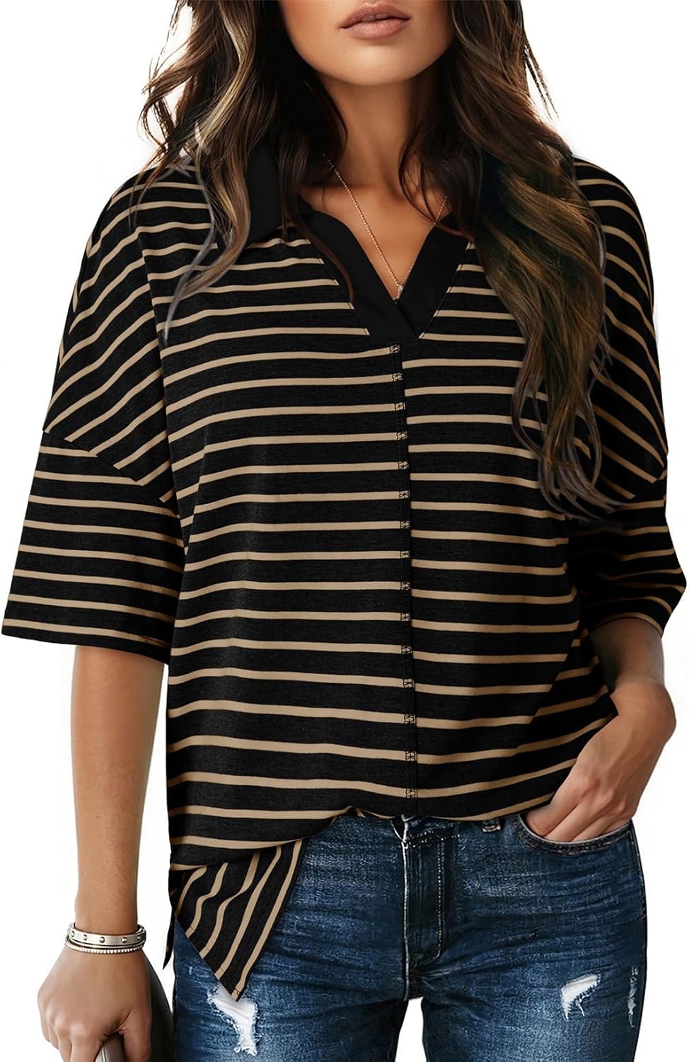 Dokotoo Tops for Women Striped 2025 Fashion Oversized T Shirts for Women Color Block Polo Shirts Basic Tee
