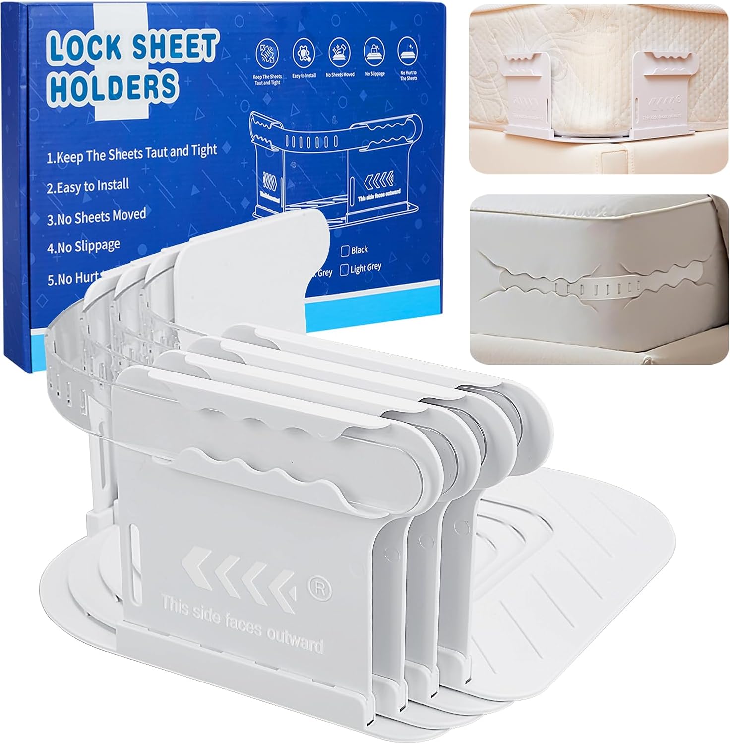 Bed Sheet Holder with 6 Fitted Lock Straps, Keep Bed Sheets Tight and Firm, Bedsheet Rack with Strip, Heavy-Duty Mattress Straps, Easy Installation (White)