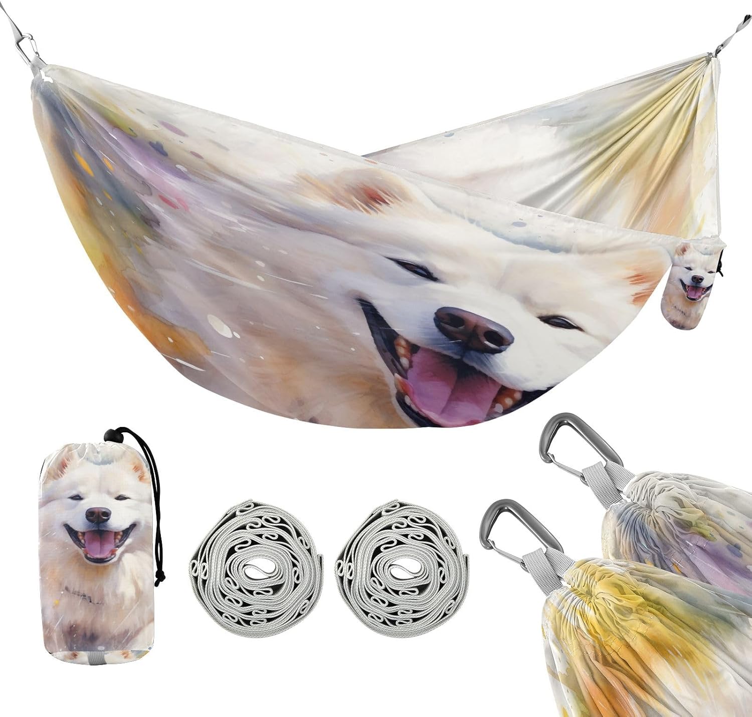 ALAZA Samoyed Dog Cute Camping Hammocks Single or 2 Person 500 lbs Portable Parachute Travel Hammock w/Tree Straps for Hiking Backpacking Indoor Outdoor