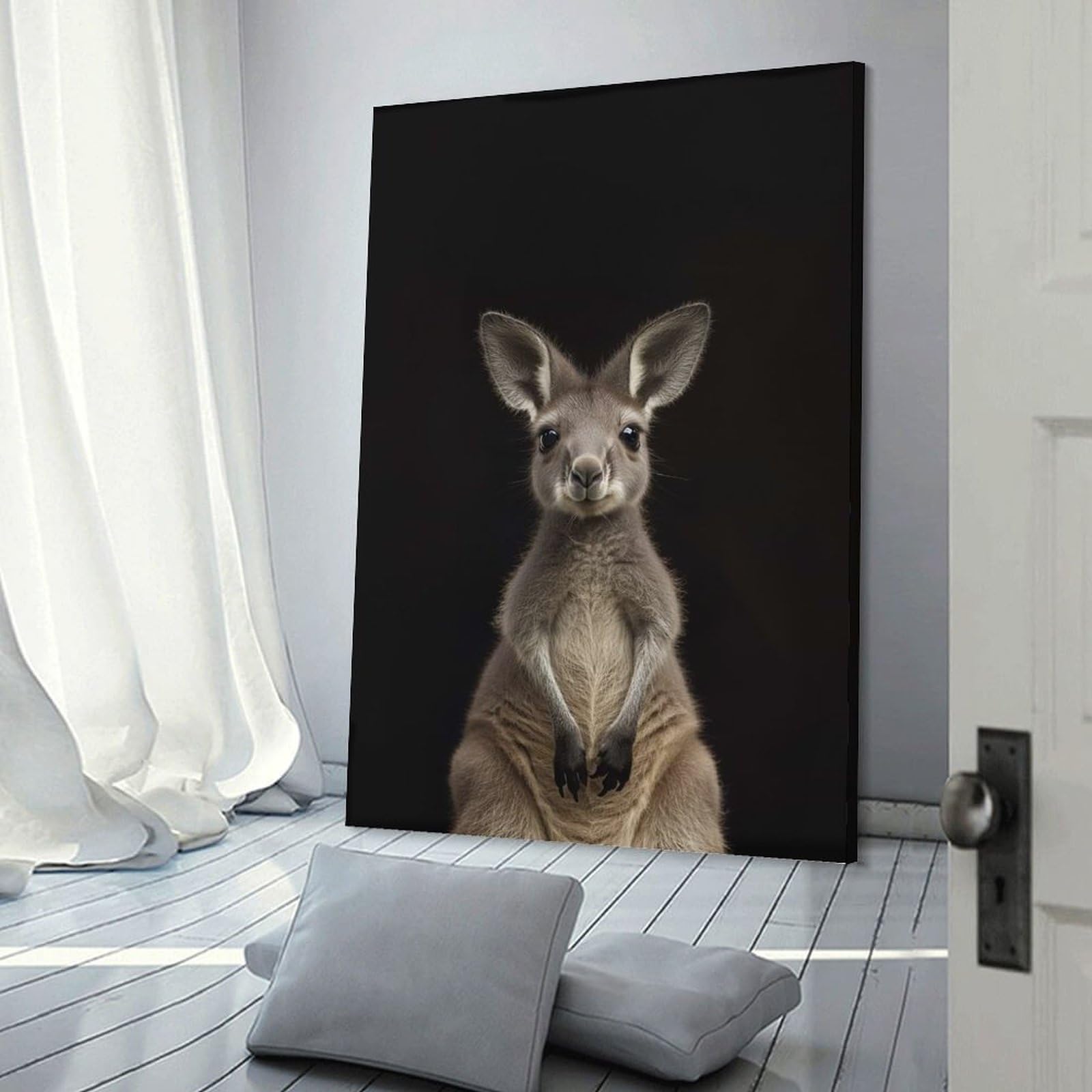 Junmoney Frame-Style-6 Cute Baby Kangaroo Portrait On Black Decorative Wall Artwork 16X24inch(40X60cm), For Corridors, Hallways Or Apartment Entries, Home Artwork For First Impressions