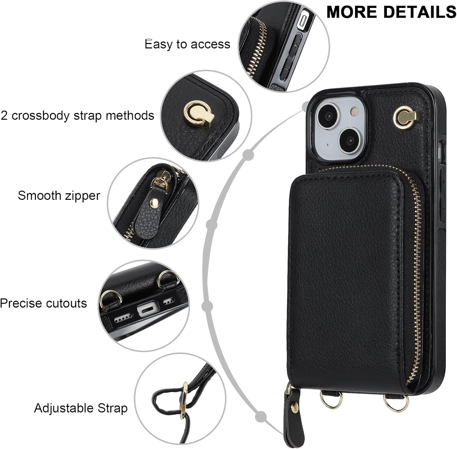 KIHUWEY Crossbody Wallet Case for iPhone 13 iPhone 14, Zipper Pocket Case with Card Holder, PU Leather RFID Blocking Protective Cover Case with Kickstand Detachable Wrist Strap Lanyard 6.1" (Black) - Image 5