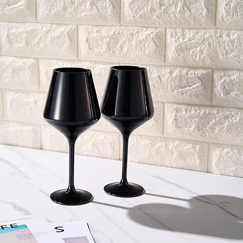 Miniatura 6 de Copas de vino de plástico irrompible de estilo europeo, juego de 2 vasos de vino acrílicos, color negro irrompible, irrompible, sin BPA,