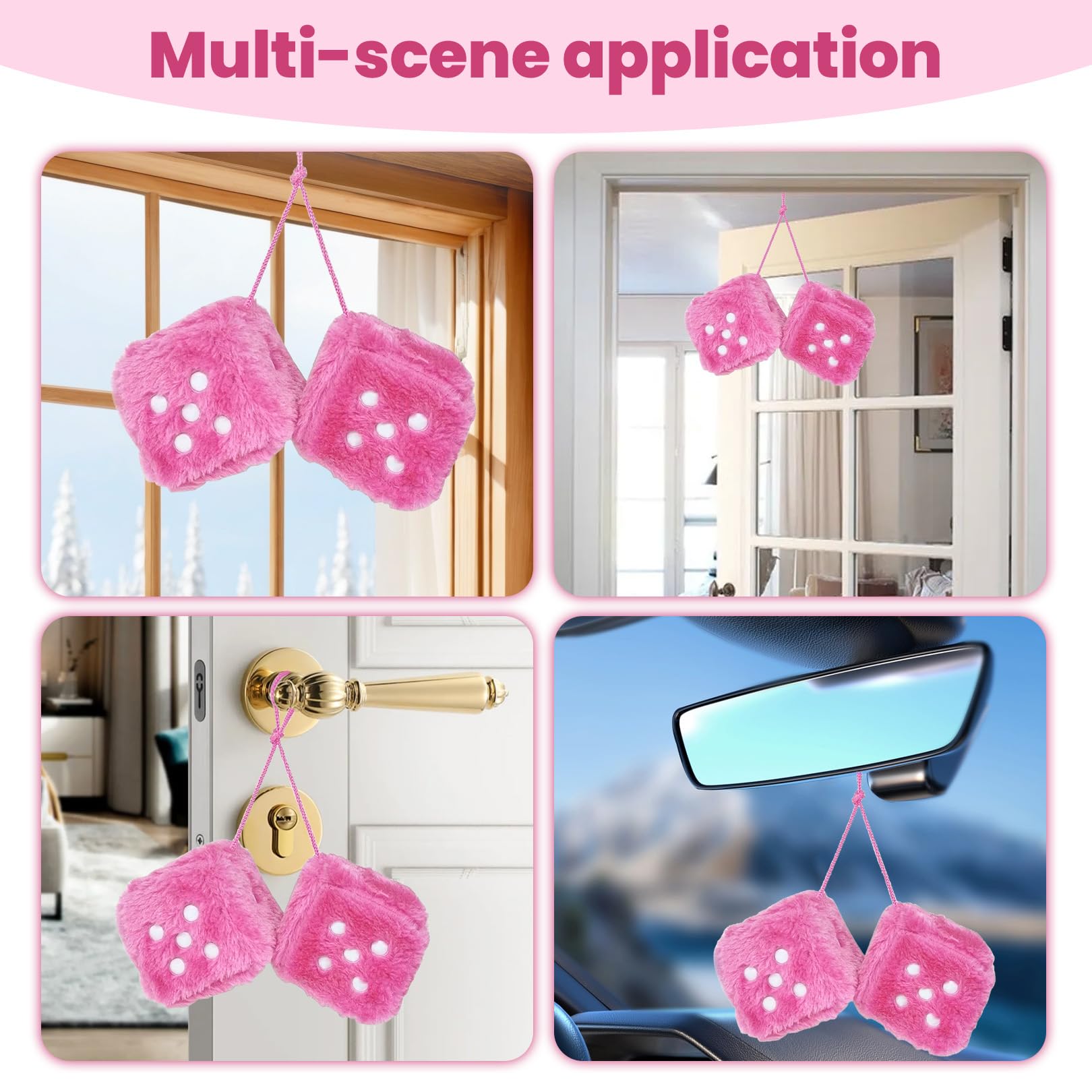 Pair 3” Fuzzy Plush Dice Furry Dice for Car Fuzzy Dice for Car Pink Fluffy Dice Car Decor Cute Soft Plush Rearview Mirror Decor Rear View Mirror Hanging Accessories for Car Interior Ornament — view 6