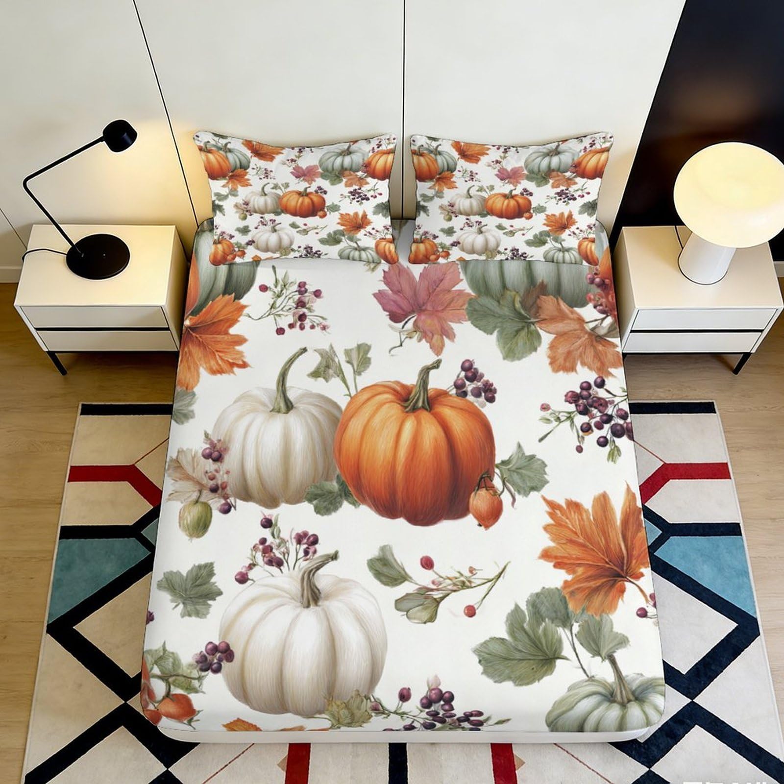 3D Printed Pumpkin Autumn Fitted Sheet Microfiber Soft Breathable Maple Leaf Bed Cover for Bedroom Guest Room Decor 90x200x25cm