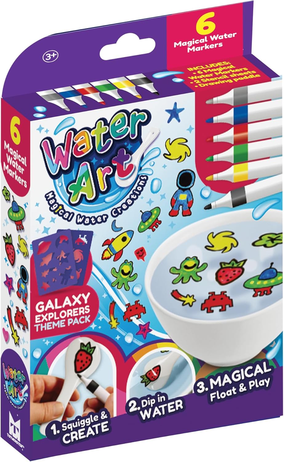 Water Art Galaxy Explorers 6 Pen Pack – DIY Magical Kit with 6 Water Markers, 2 Stencil Sheets & Ceramic Spoon