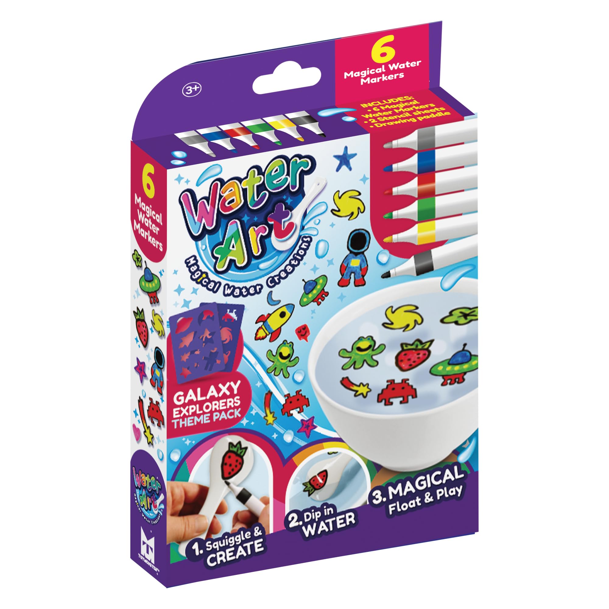 Water Art Galaxy Explorers 6 Pen Pack  DIY Magical Kit with 6 Water Markers, 2 Stencil Sheets & Ceramic Spoon