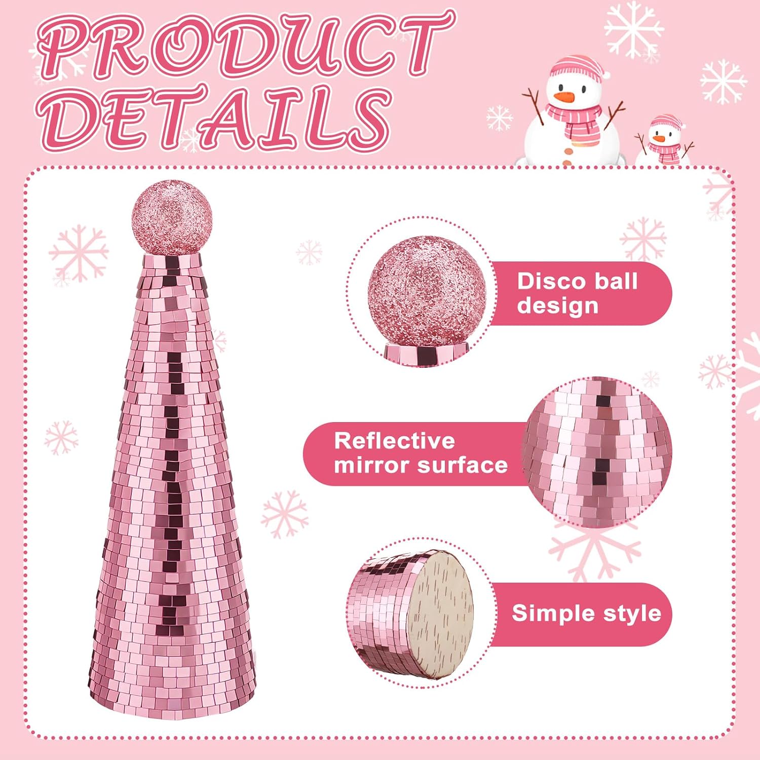 3Pcs Disco Christmas Tree Decoration Mirror Xmas Cone Shining Tree Tabletop Centerpiece Mantel for Party Supplies Home Thanksgiving Valentine Holiday Outdoor Indoor Decor (Pink)