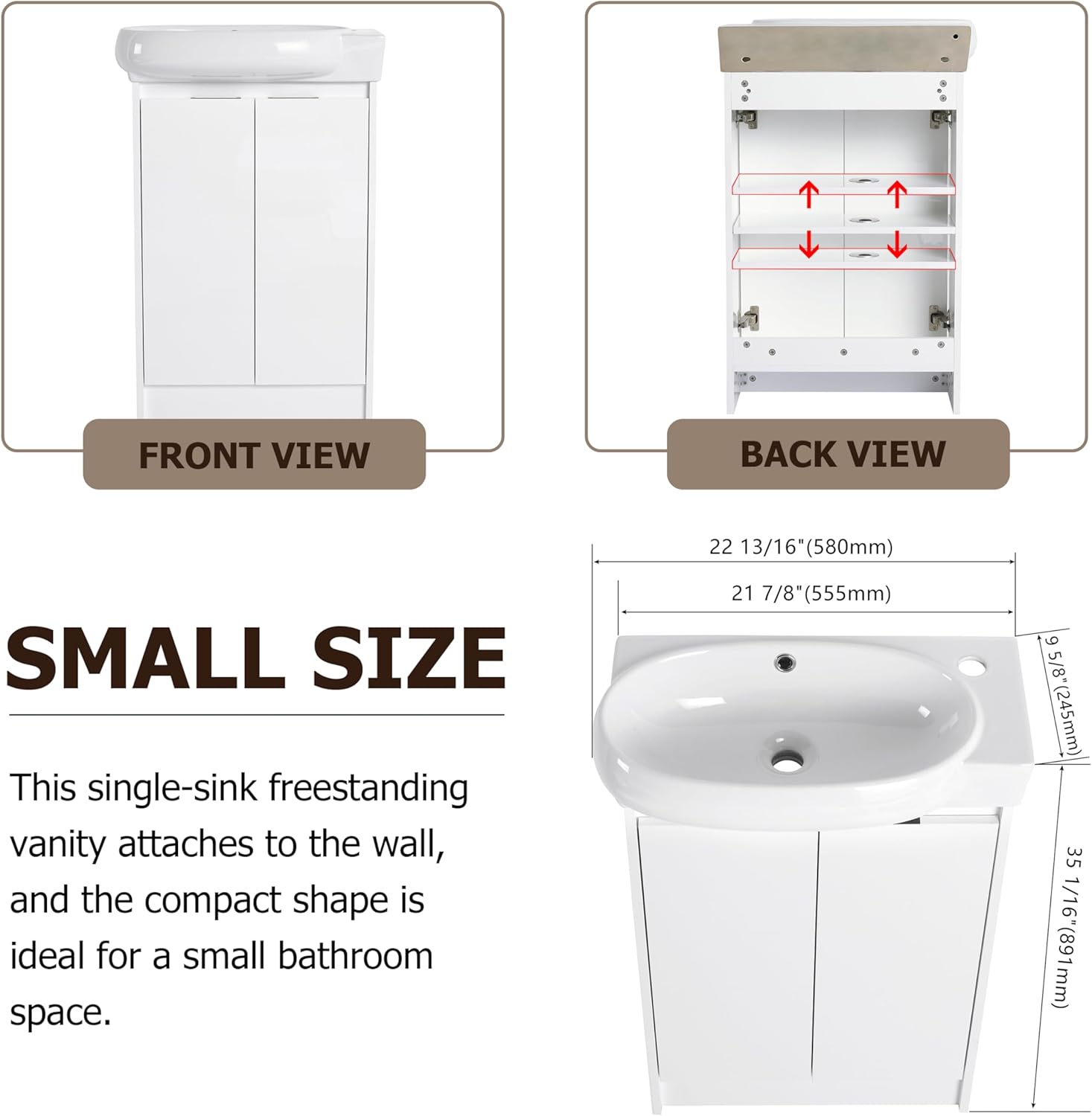 Henf Small Bathroom Vanity with Sink, 23" Freestanding Bathroom Vanity Combo with Ceramic Sink and Adjustable Shelf, Single Wood Bath Room Set w/Soft Closing Doors for Small Space
