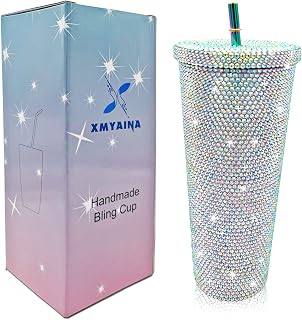 26oz Bling Cup Diamond Studded Tumbler Glitter Water Bottle with Lid and Straws Stainless Steel Vacuum Insulated Coffee Ice Cup Gift for Women (Aurora White)