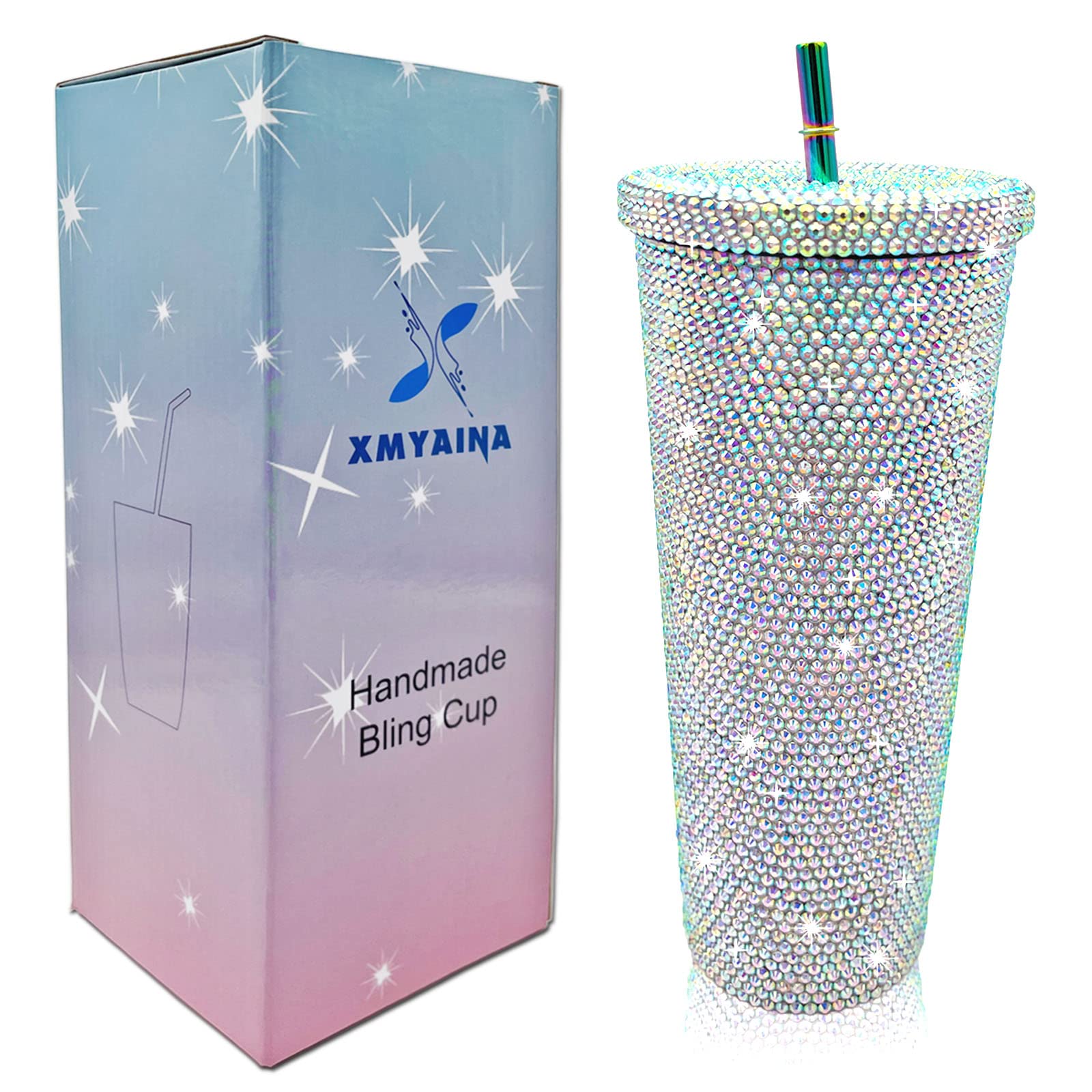 XMYAINA26oz Bling Cup Diamond Studded Tumbler Glitter Water Bottle with Lid and Straws Stainless Steel Vacuum Insulated Coffee Ice Cup Gift for Women (Aurora White)