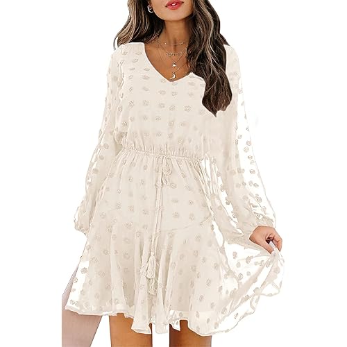 KIRUNDO Women's Long Sleeves V Neck Flowy Swiss Dot High Waist Chiffon Casual Mini Dress with Belt