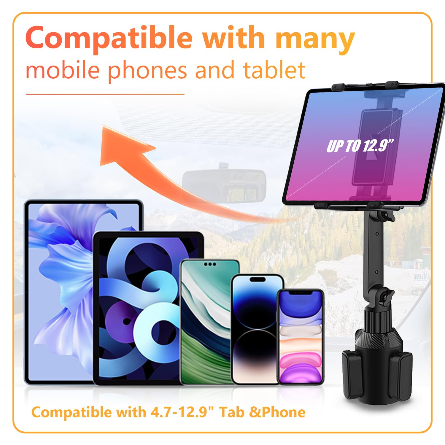 WUITIN Getränkehalter fürs Auto, Tablet-Halterung für Auto, 360° verstellbar, 38,1 cm lang, 2-Arm-Ständer für iPad, Samsung Galaxy Tab/Z Fold 4/3, iPhone 15/14/Pro, 11,9–32,8 cm Tab und Handy