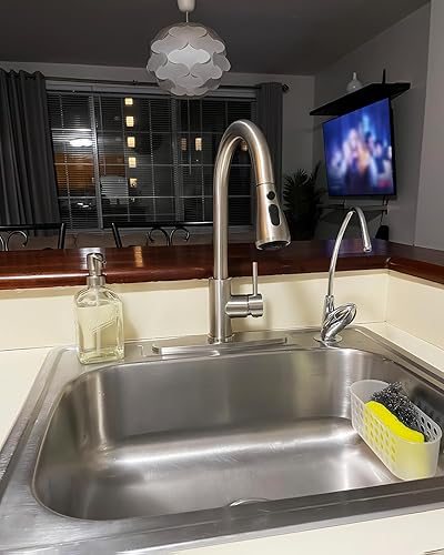 Miniatura 8 de Grifo de fregadero de cocina con rociador desplegable con placa de cubierta, grifo de arco alto de níquel cepillado, grifos modernos de acero