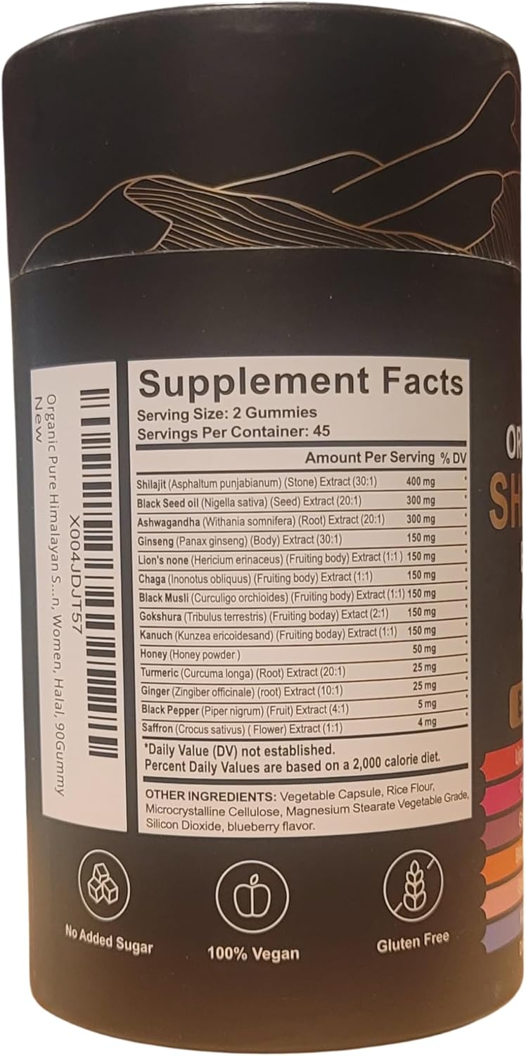 Organic Himalayan Shilajit Gold Gummies for Men and Women, Black Seed Oil, Ashwagandha, Ginseng, Turmeric, Gokshura, Lion's None, Lab Tested,%75 Fulvic Acid, No Sugar Added, Halal, 90Gummy - Image 8