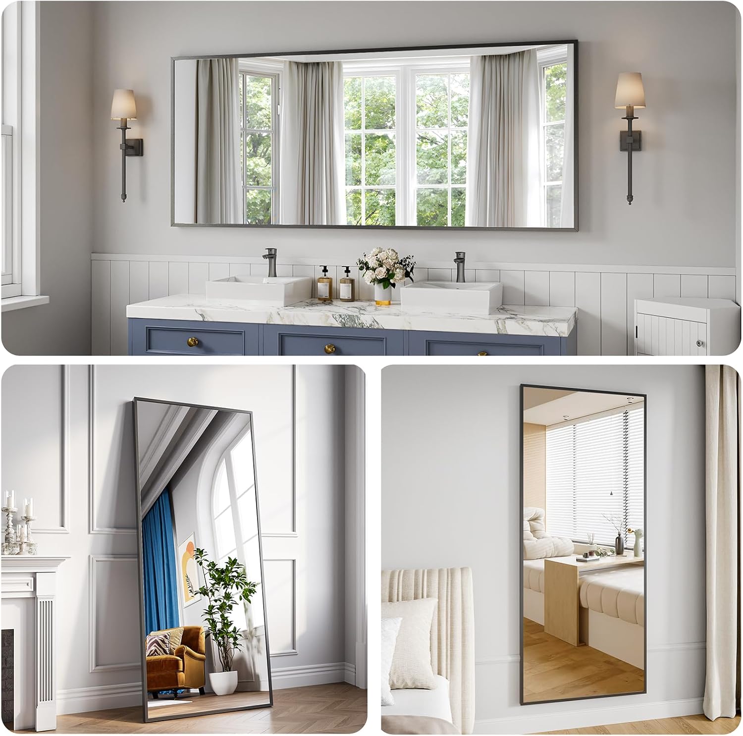 Koonmi Bathroom Mirror 30x71 Matte Black Bathroom Wall-Mounted Mirrors, Modern Rectangle Vanity Mirror, HD Tempered Glass, Aluminum Alloy Frame Allow to Hang Horizontally or Vertically