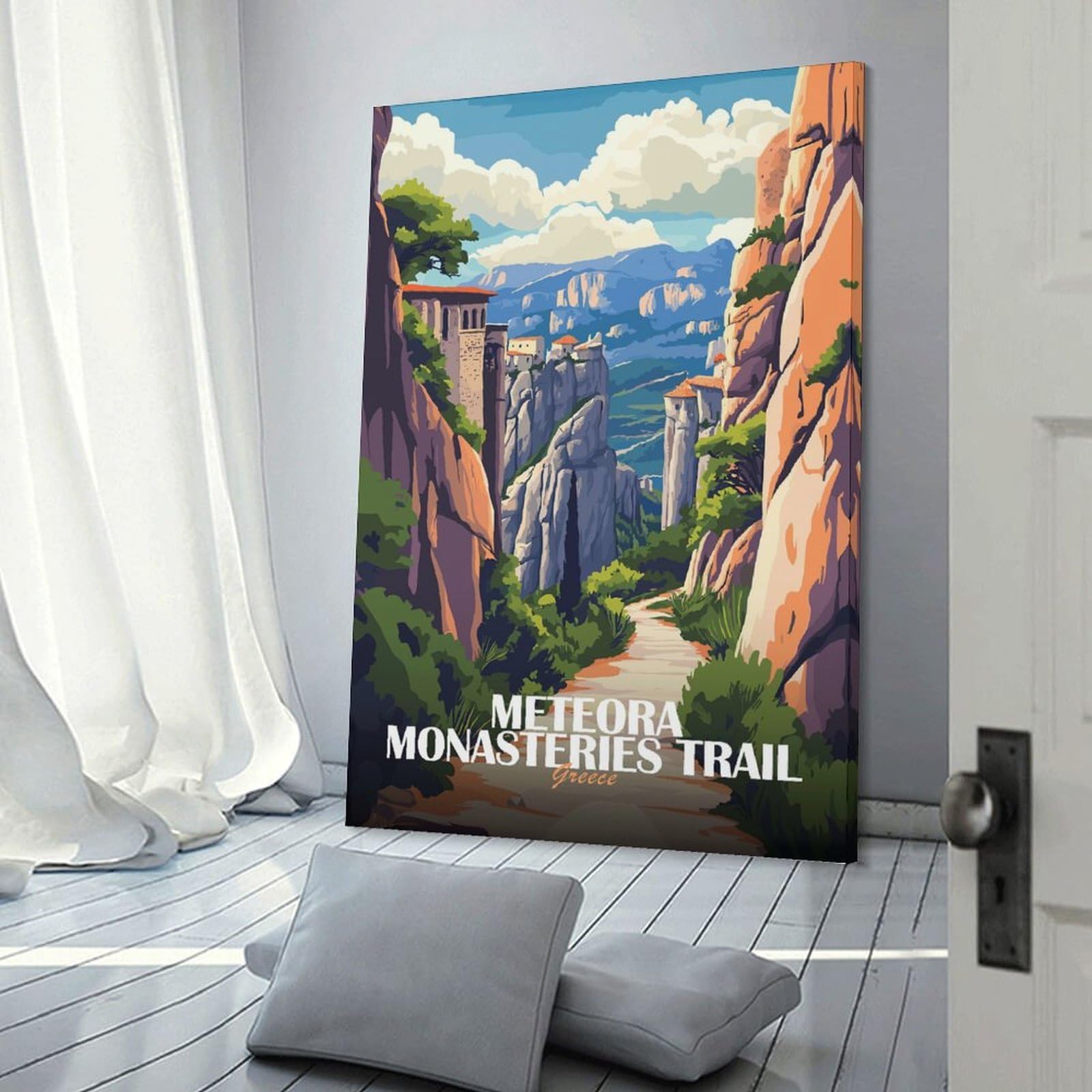 Junmoney Meteora Monasteries Trail Greece Art Wall Picture Print, 20x30inch(50x75cm), for Home Office, Desk Area Or Studio, Decorative Artwork for Productive Spaces