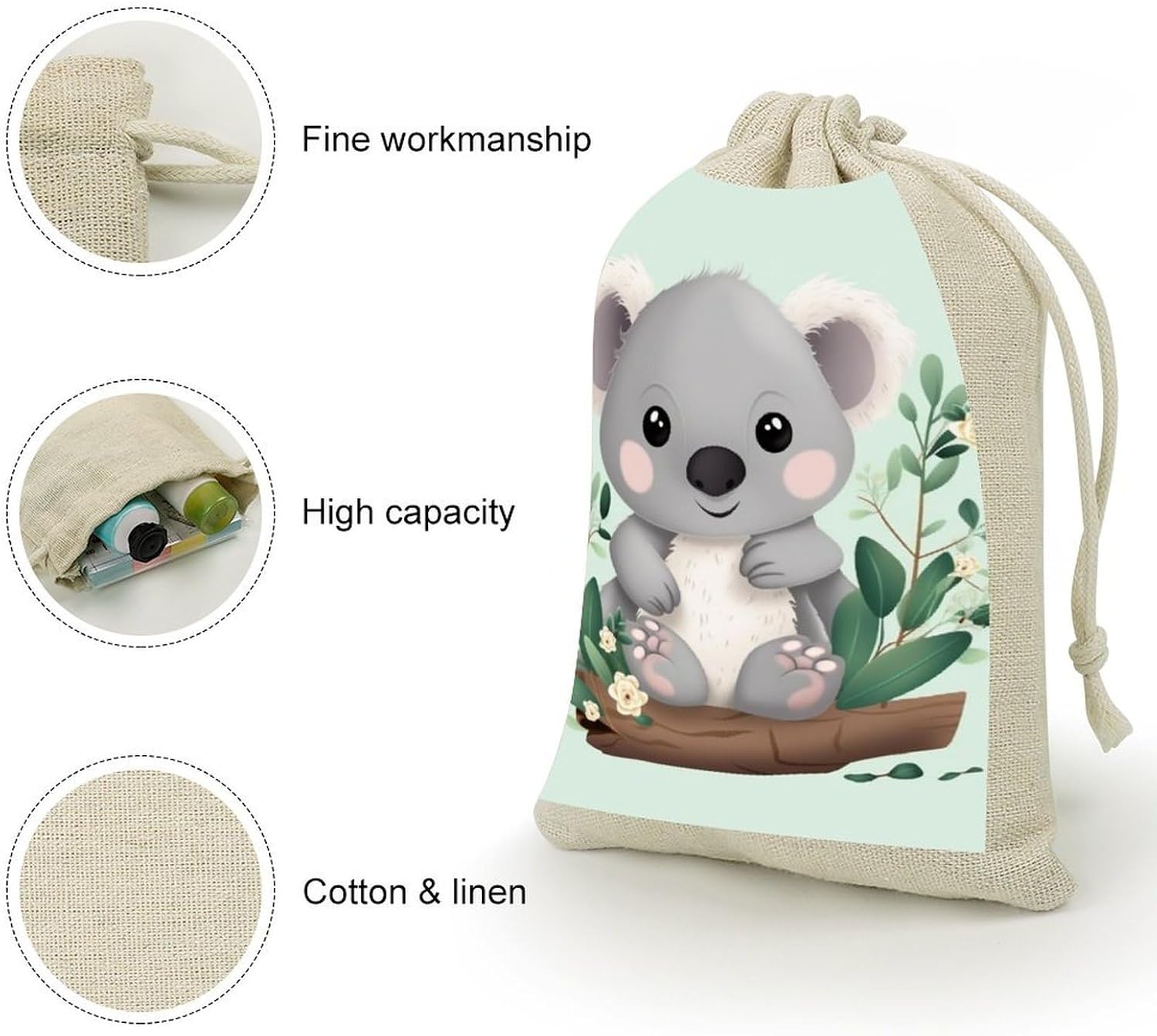 FekiLoot Koala Cotton Linen Drawstring Bags Pack of 8 image 3