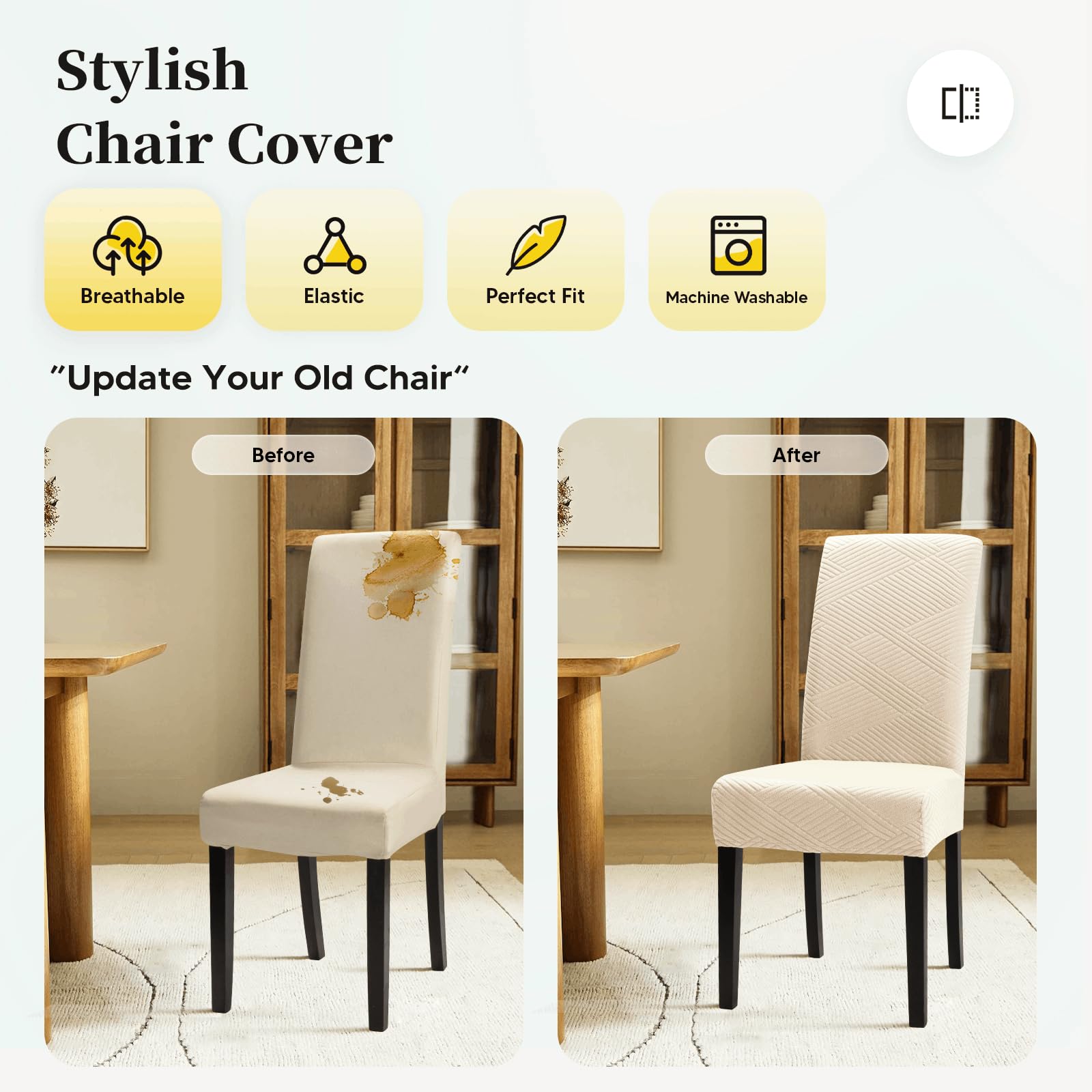 Stuhlhussen 4er Set Stretch Stuhlhussen Moderne Twill Jacquard Stuhlbezug Esszimmerstühle Stuhlbezug Abnehmbar Waschbar Chair Covers für Esszimmer Küche Hotel (Cremeweiß, 4er Set)-XW