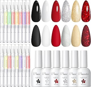 PEACECOLOR 16Pcs Cuticle Oil Pen for Nails 6PC Gel Nail Polish Set, 6 Glitter Colors Golden Sparkle Red Black White Gel Polish Kit Soak Off U V Light Bright Collection