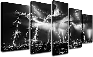 DJSYLIFE Black and White Wall Art Canvas Print Lightning Storm Painting Modern City Night Picture for Home Living Room Office Artwork Decoration 50''W x 24''H 5 Pieces