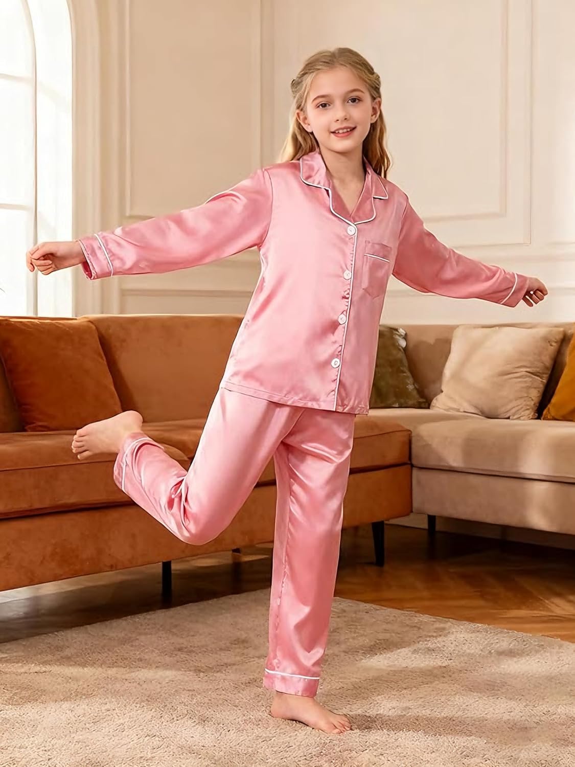 Boys Girls Pajama Set 2 Pieces Cute Girls Satin Pajamas Long Sleeve + Pants, Silky Button Down PJ Set Size 5-14 - Image 5