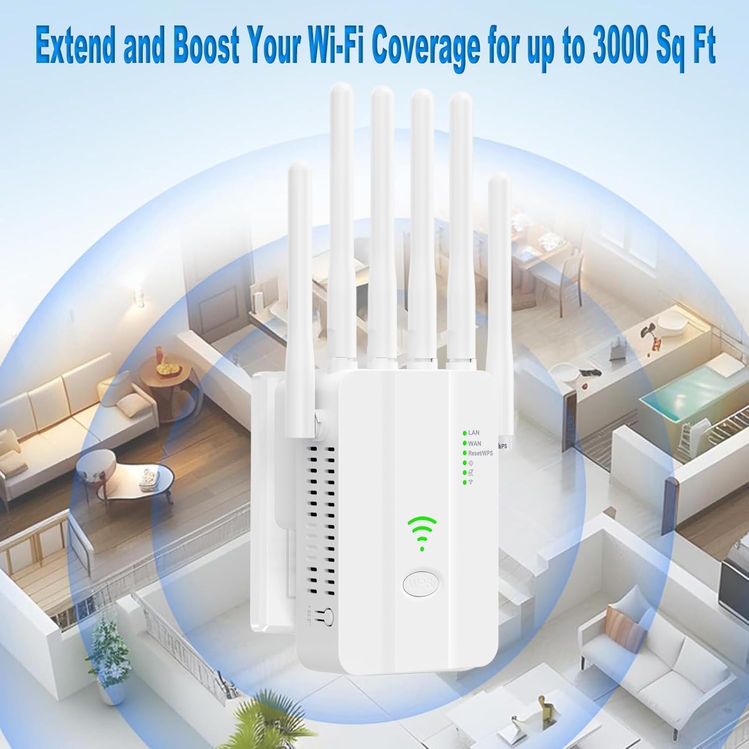 WiFi Extender Signal Booster with 6 Antennas, 2 LAN Ports, 3 Modes (Repeater/Router/AP), Covers 9800 Sq.Ft, 300Mbps 2.4GHz, Supports 60 Devices, Easy 1-Min Setup for Home/Office