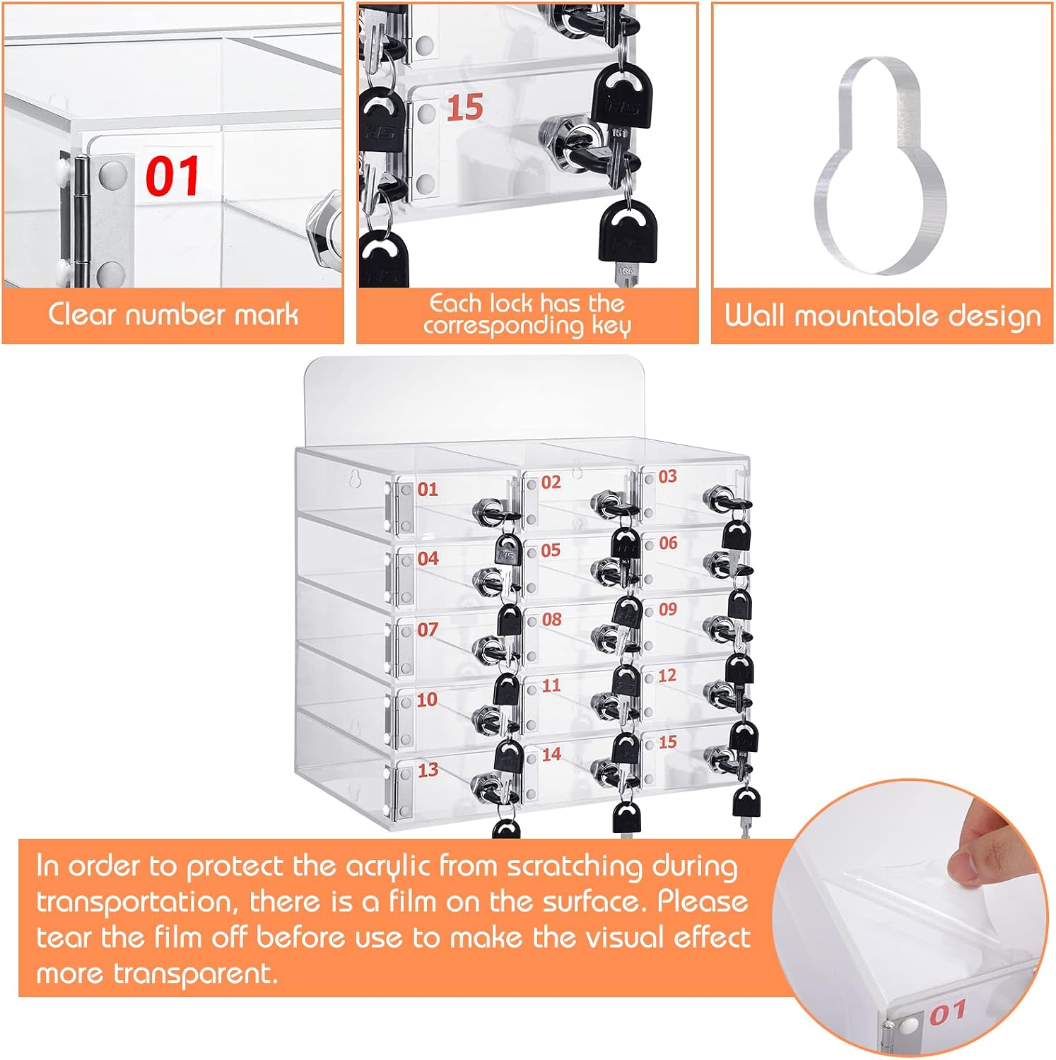 Threan 15 Slot Cell Phone Storage Box, Acrylic Clear Cell Phone Storage Cabinet Wall Mounted with Door, Locks and Keys for Office School Factory