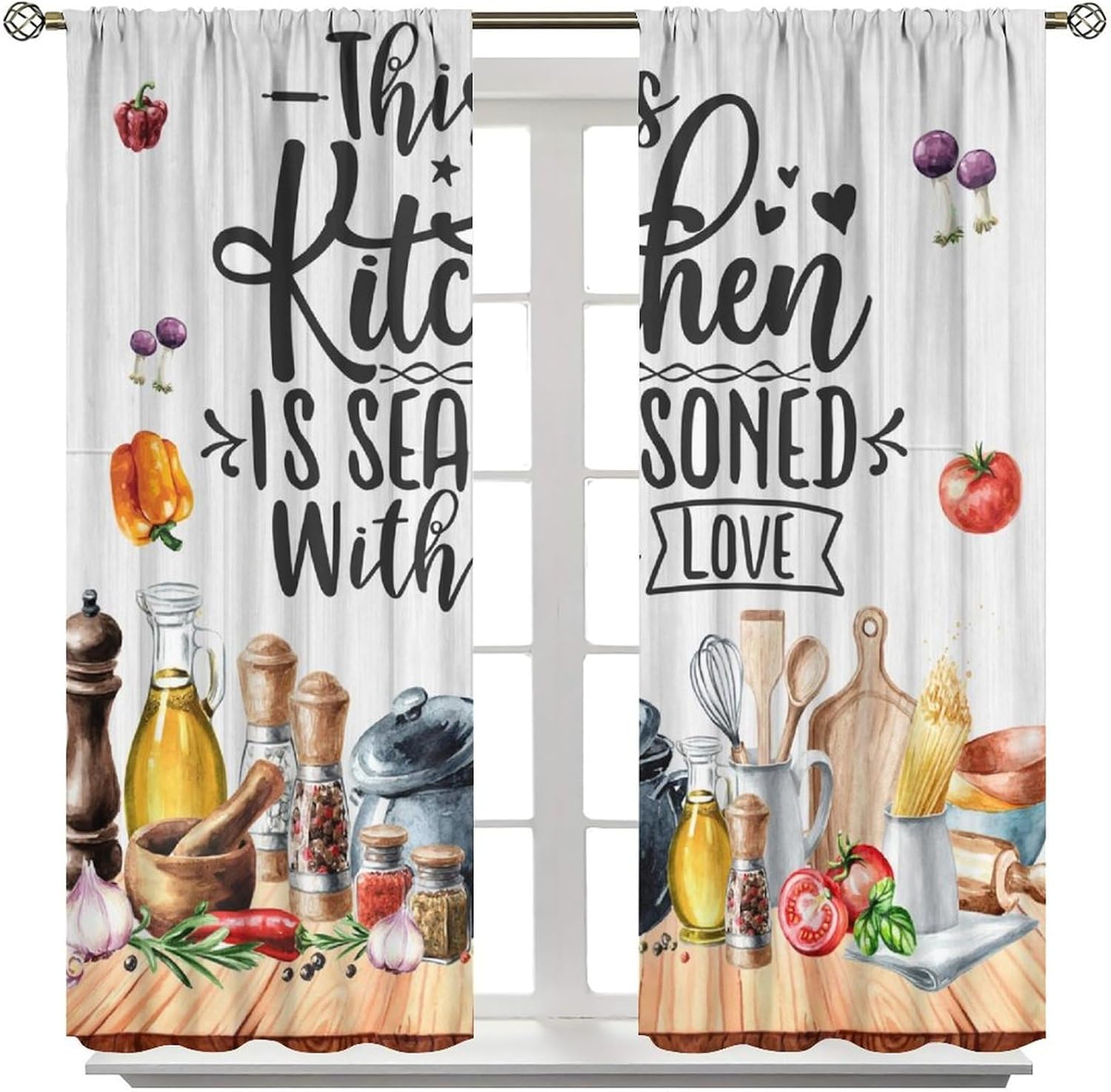 Kitchen Blackout Curtain Featuring Culinary Letter Wooden Board Art Watercolor Vegetable Art Print Window Drapes for Bedroom Living Room Kitchen Cafe （W21xL54 Inch） x2 Panels