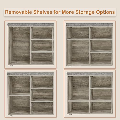 Miniatura 5 de DINZI LVJ Banco organizador de zapatos con cojín, zapatero de 9 cubos y estantes ajustables, multifuncional, para salas de estar, dormitorio, Gris