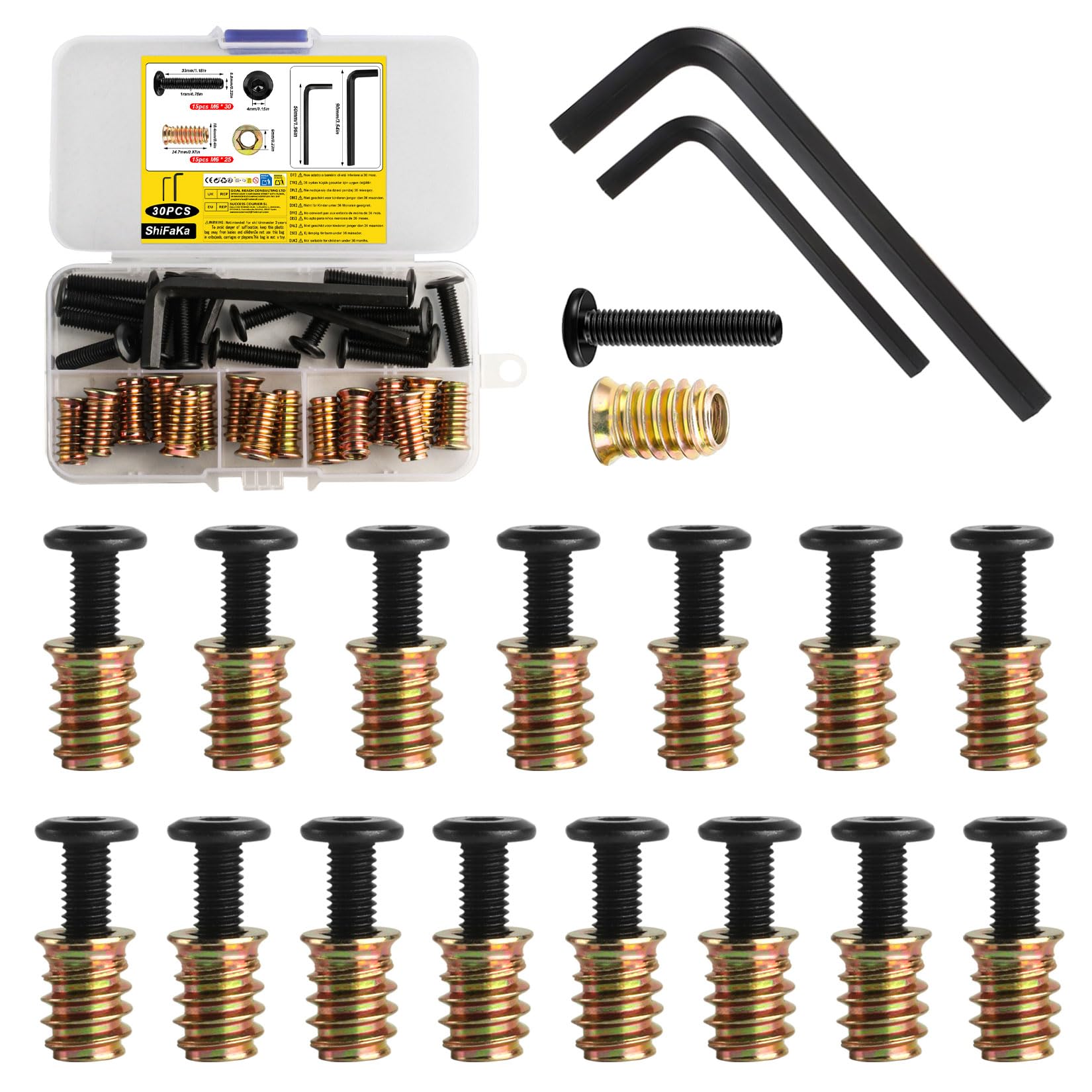 30 Pcs M6 Threaded Inserts for Wood with Bolts Set: 15 Furniture Hex Socket Drive Screw-in Nuts(M6x 25mm) & 15 Furniture Screws Flat Head Hex Socket Bolts(M6x 30mm)