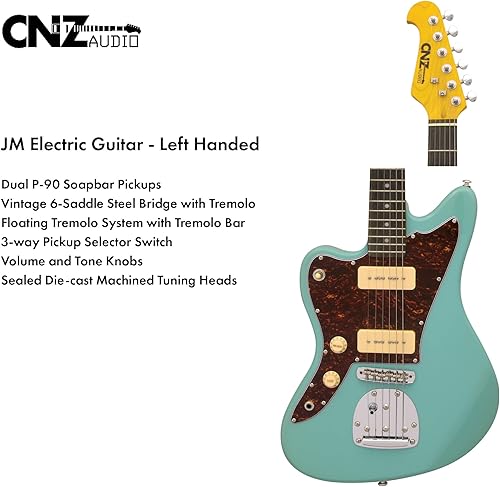 Miniatura 5 de CNZ Audio JM - Guitarra eléctrica verde esmeralda con golpeador de tortuga de 3 capas, cuello de arce, pastillas dobles P-90, tono puro