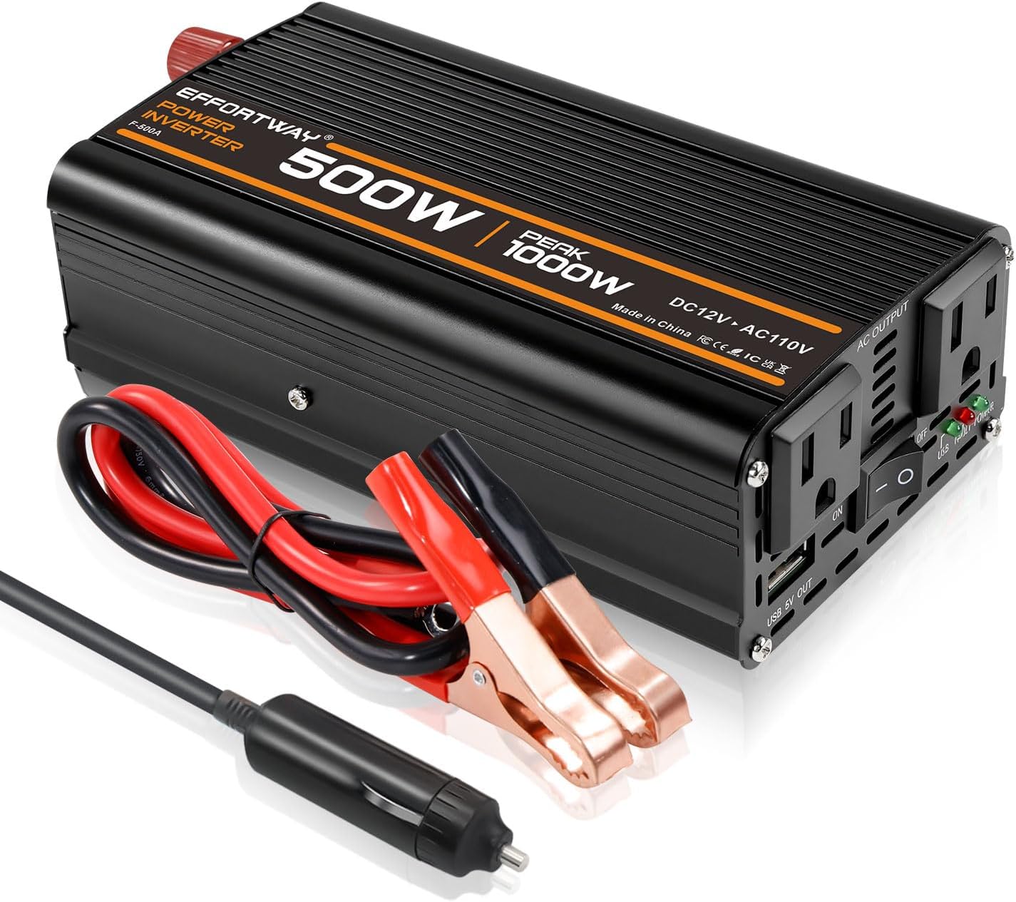 500W Power Inverter, Inverter 12V to 110V with 2 AC Outlets, 2.1A USB Port, Car Power Inverter with Alligator Battery Clamp for Phone, Laptop on Camping, Road Trip