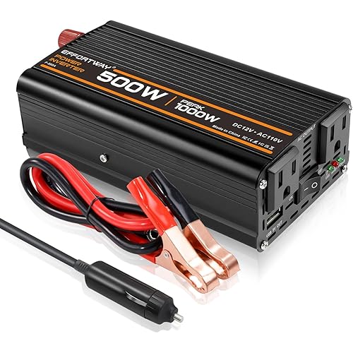 500W Power Inverter, Inverter 12V to 110V with 2 AC Outlets, 2.1A USB Port, Car Power Inverter with Alligator Battery Clamp for Phone, Laptop on Camping, Road Trip