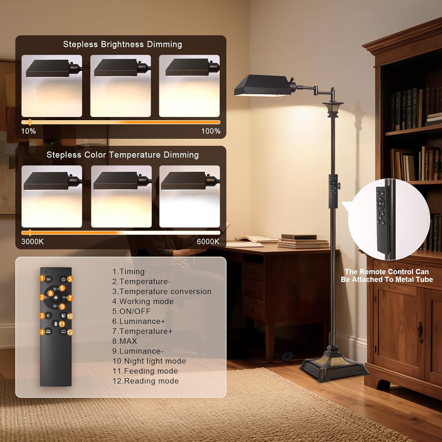 Scenekoy Adjustable Height Smart LED Floor Lamp for Living Room Bedroom, Remote Control Traditional 350º Swing Arm Standing Lamp with Swivel Metal Shade, Decor for Reading House Home Office